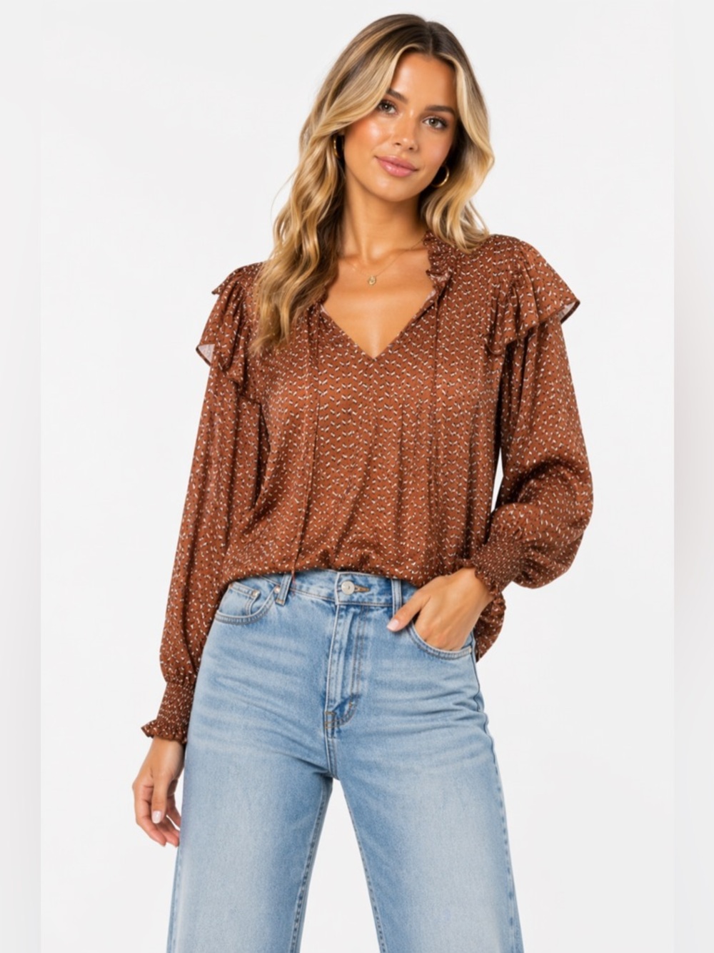 See U Soon Anthropologie Size Large‎ Women's Ruffled V-Neck Top - Brown